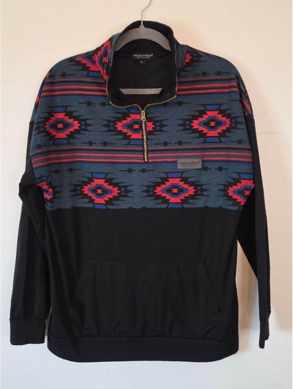 Simply Southern Women's Aztec Pullover Gold Sequin Bear 1/4 Zip, size L, #101